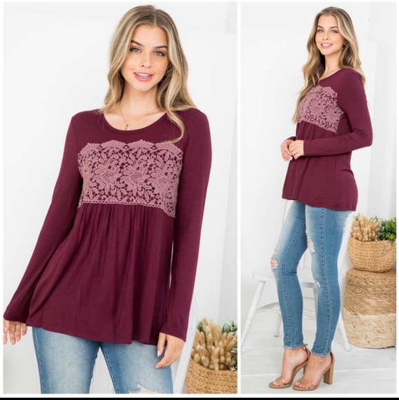New Burgundy Floral Lace Blouse - Picture 2 of 4